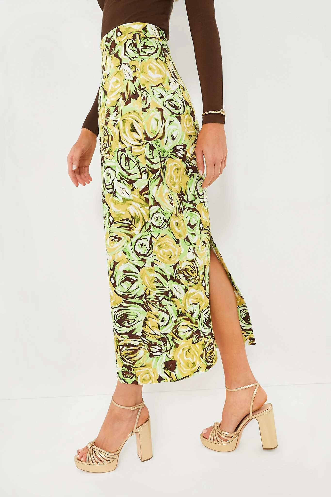 Green And Lemon Abstract Roses Lorelei Twill Skirt 3 Green And Lemon Abstract Roses Lorelei Twill Skirt - Image 3