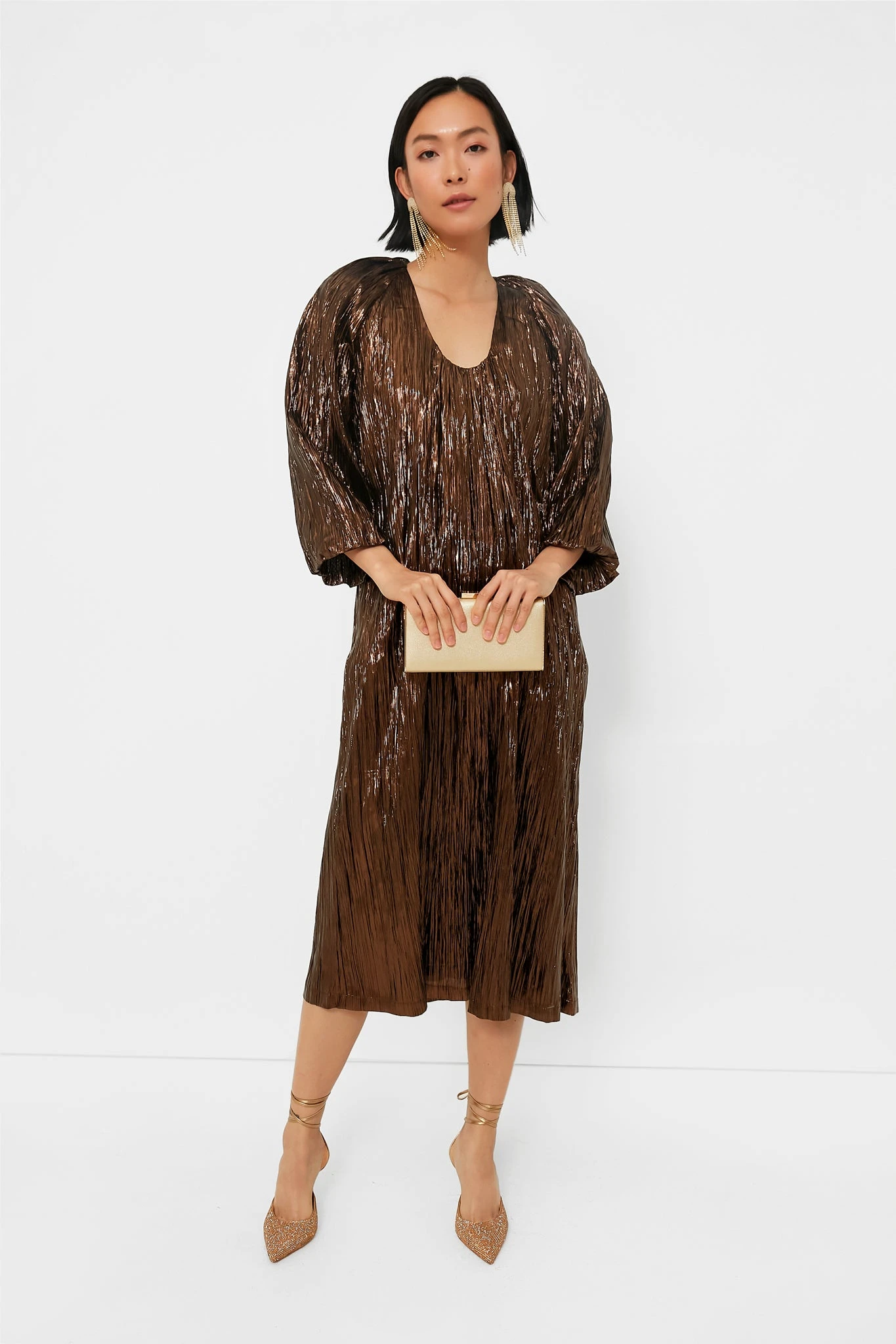 Bronze Metallic Plisse Dorinda Midi Dress 1 Bronze Metallic Plisse Dorinda Midi Dress