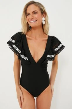 Black Katya Embroidered One Piece