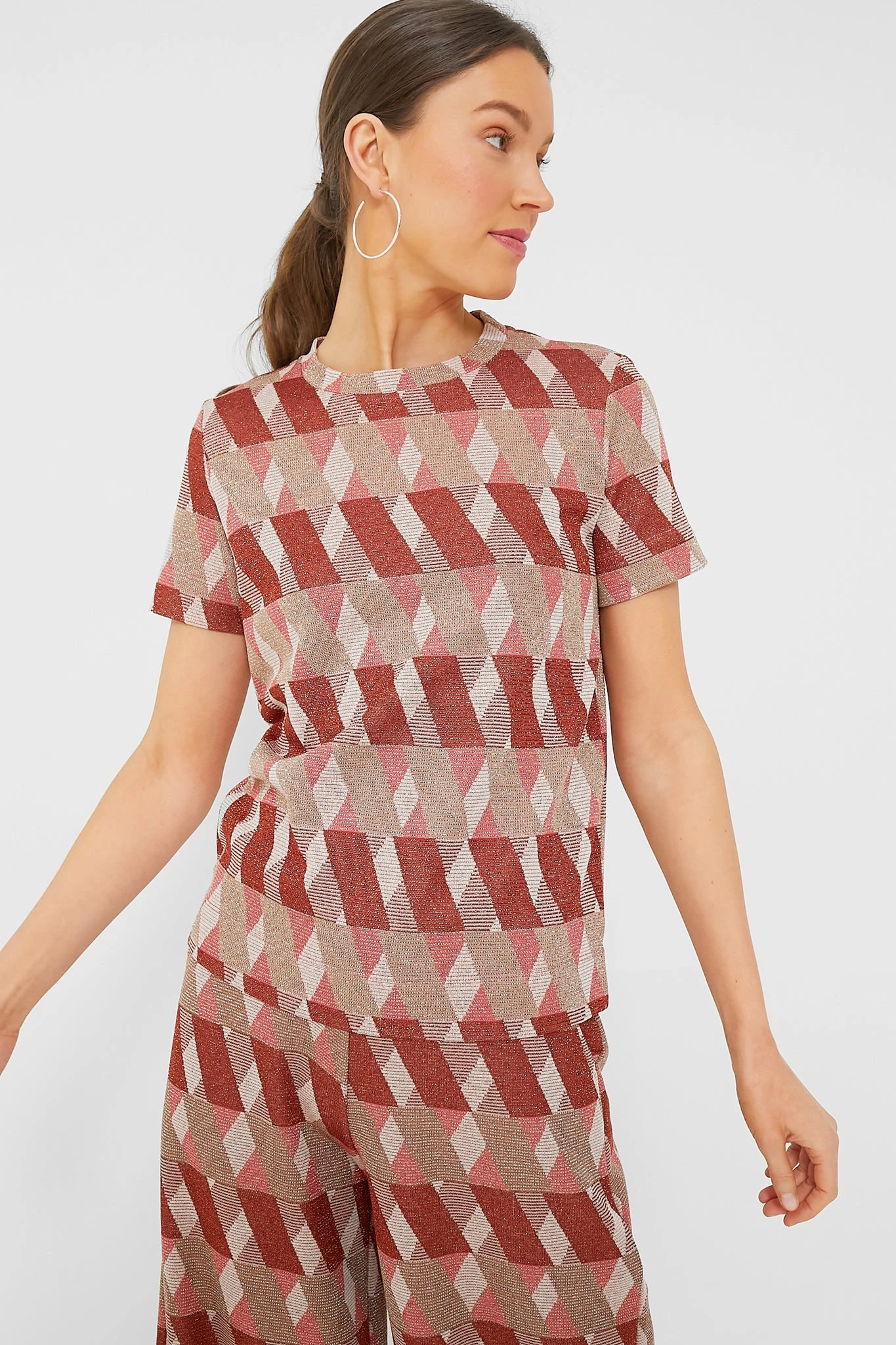 Marella Rust Geometric Lurex Knit T-Shirt 1 Marella Rust Geometric Lurex Knit T-Shirt