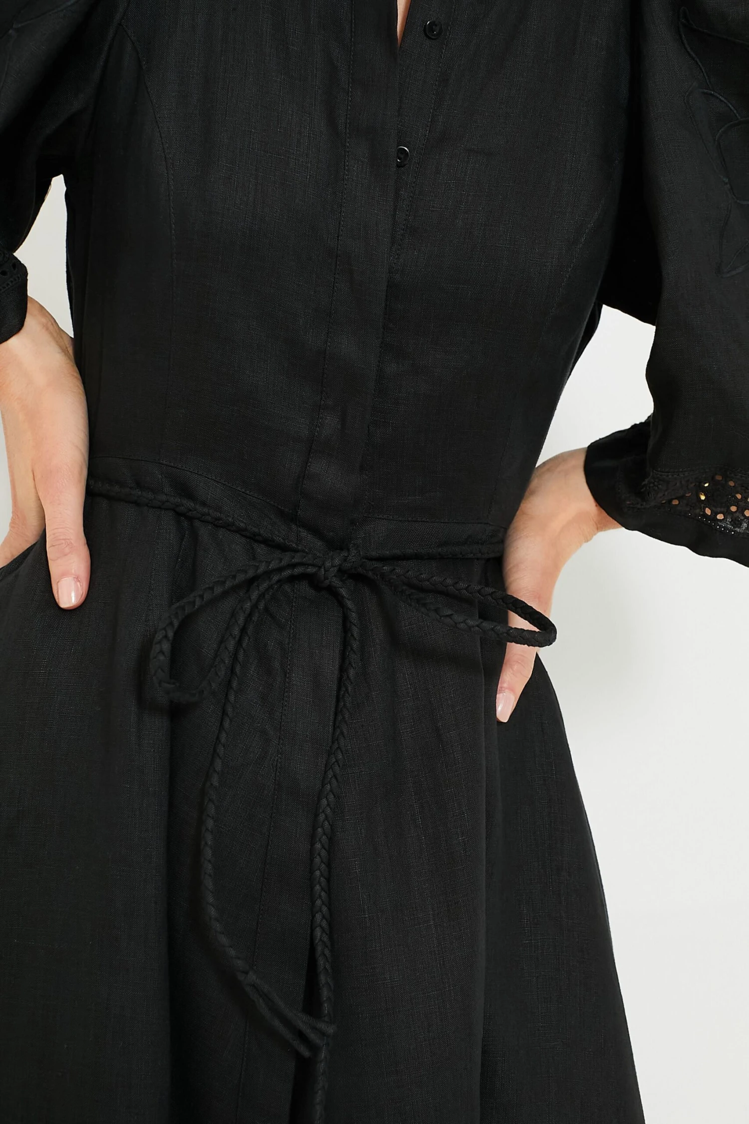 Black Fleur Linen Embroidered Midi Shirt Dress 6 Black Fleur Linen Embroidered Midi Shirt Dress - Image 6