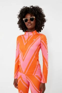 Azalea Pink And Orange Chevron Print Thermal Half Zip