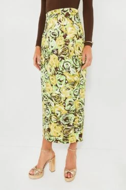 Green And Lemon Abstract Roses Lorelei Twill Skirt