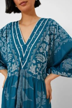 Petrol And White V-Neck Loose Maxi Dress With Dhaka Print -Outfit And Shoe Sales Store ANaMRvdRFaHd2kiwrb8HXRpLNZX2y3Xb 1