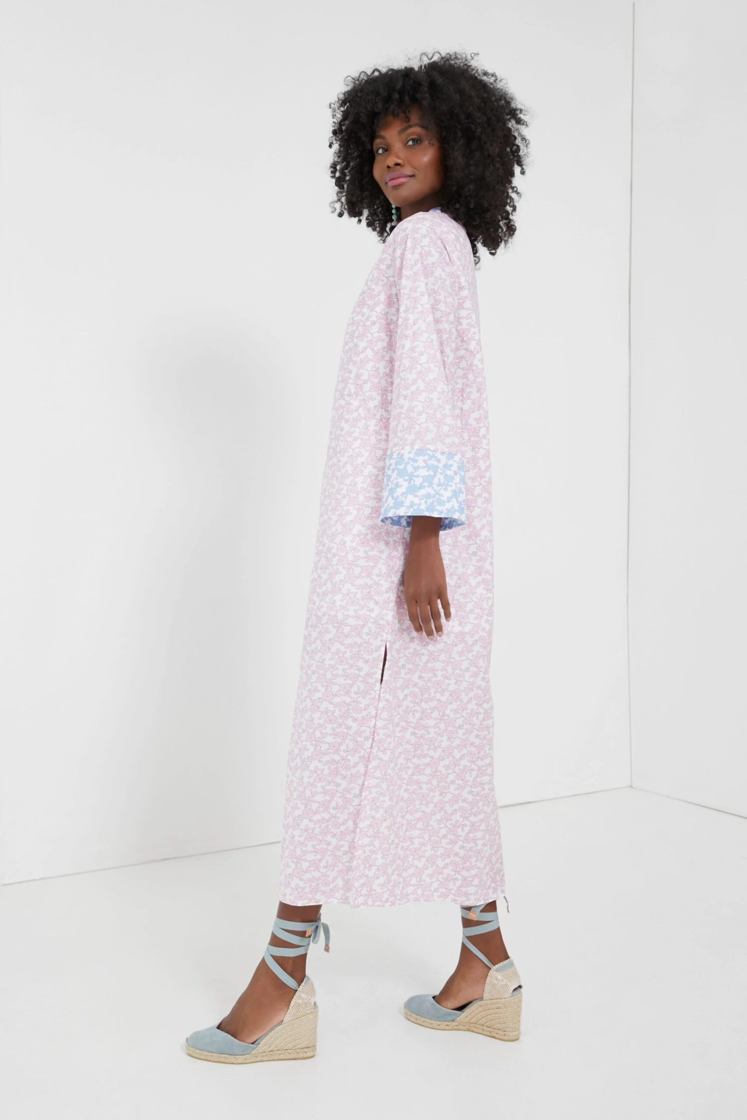 Lilac Floral Lyford Caftan With Blue Floral Trim 3 Lilac Floral Lyford Caftan With Blue Floral Trim - Image 3