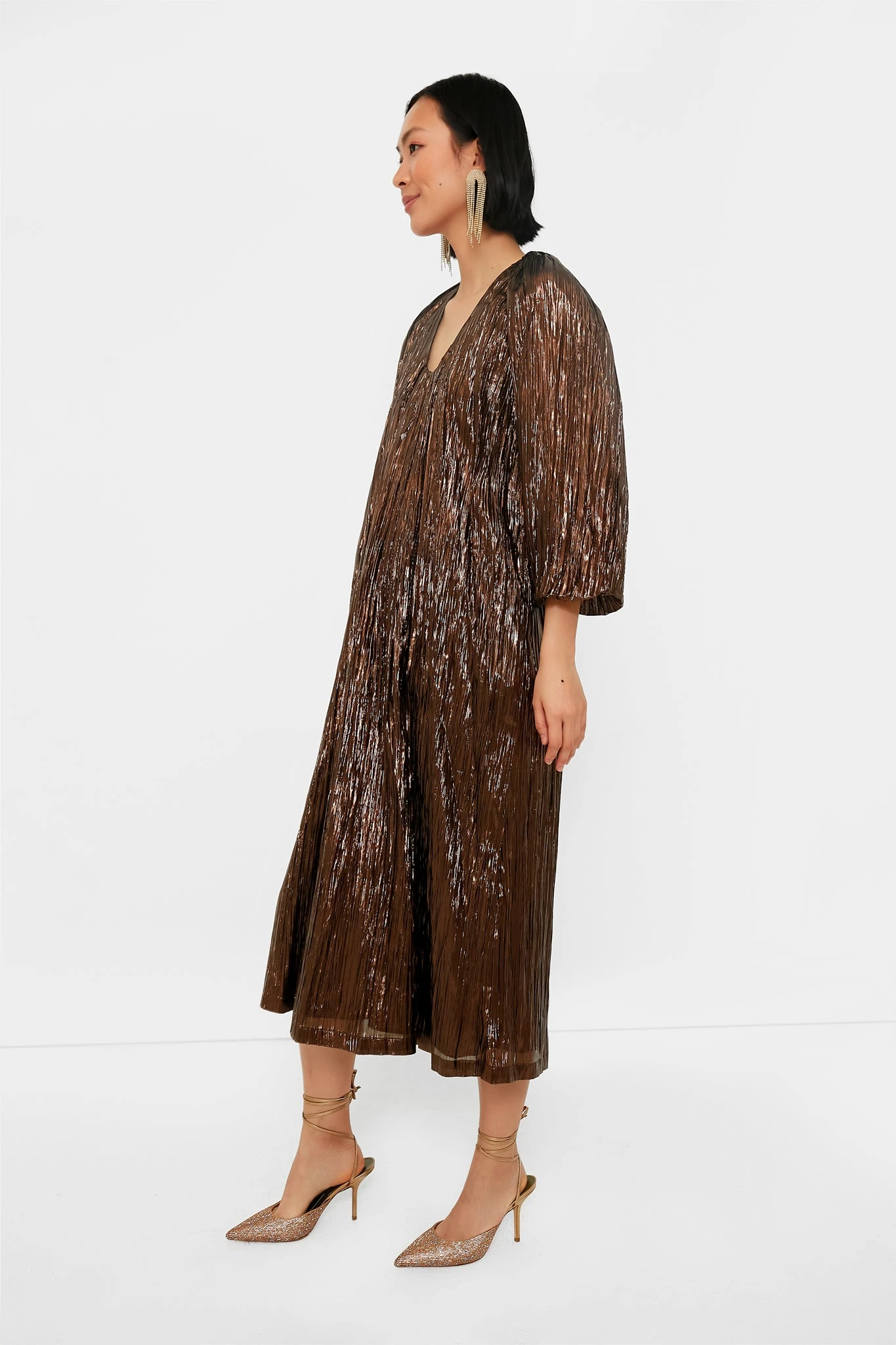 Bronze Metallic Plisse Dorinda Midi Dress 3 Bronze Metallic Plisse Dorinda Midi Dress - Image 3