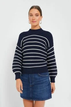 Dark Navy And Ivory Stripe Button Back Crewneck Sweater