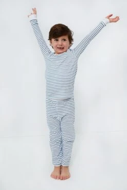 Conifer And Ice Blue Double Stripe Organic Long Sleeve Pajama Set
