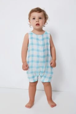 Blue Painted Gingham Shortie Romper