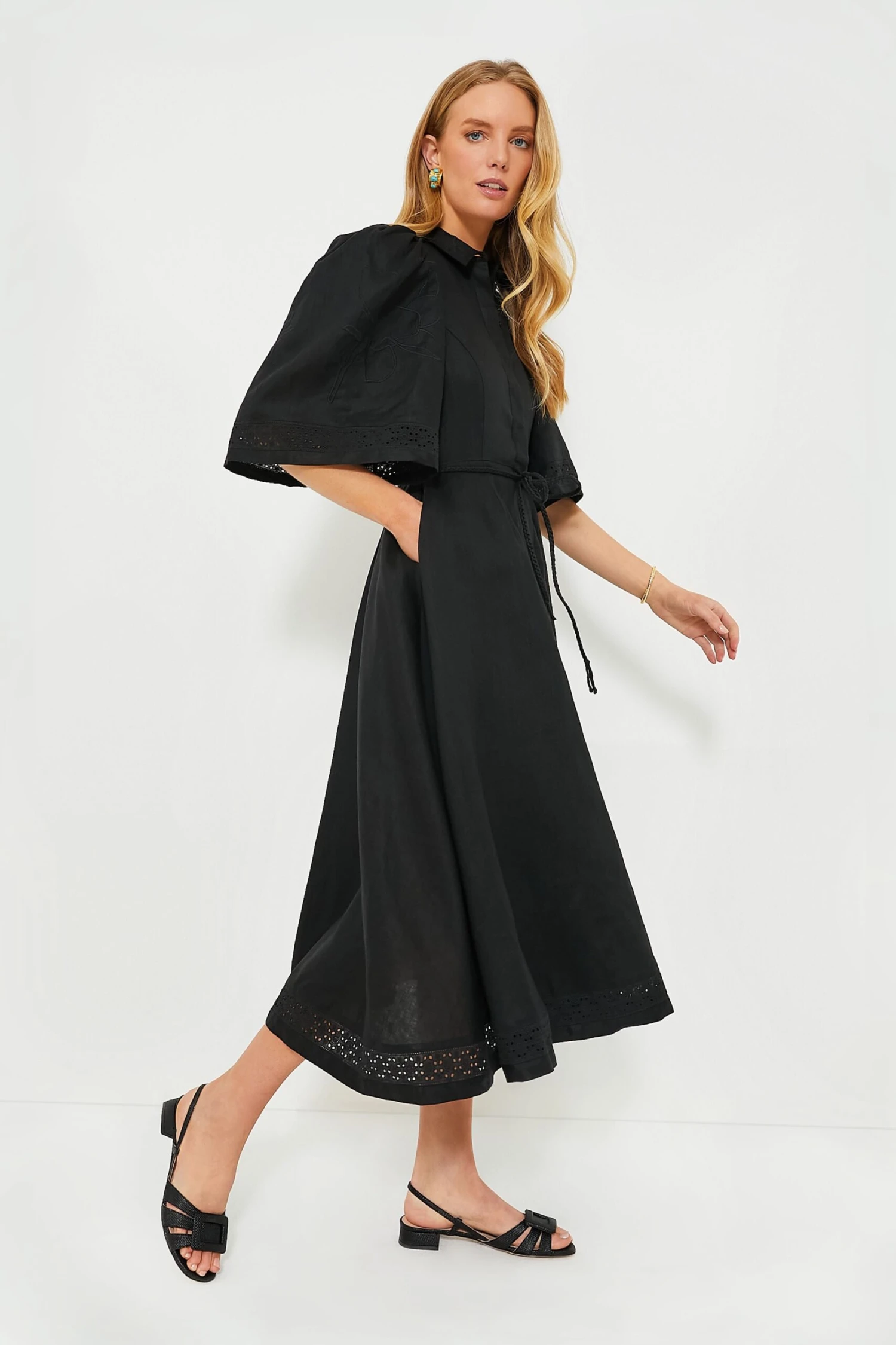 Black Fleur Linen Embroidered Midi Shirt Dress 3 Black Fleur Linen Embroidered Midi Shirt Dress - Image 3