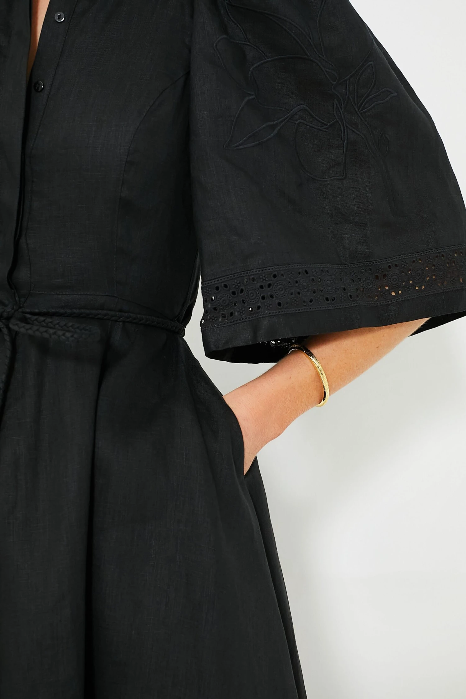 Black Fleur Linen Embroidered Midi Shirt Dress 5 Black Fleur Linen Embroidered Midi Shirt Dress - Image 5