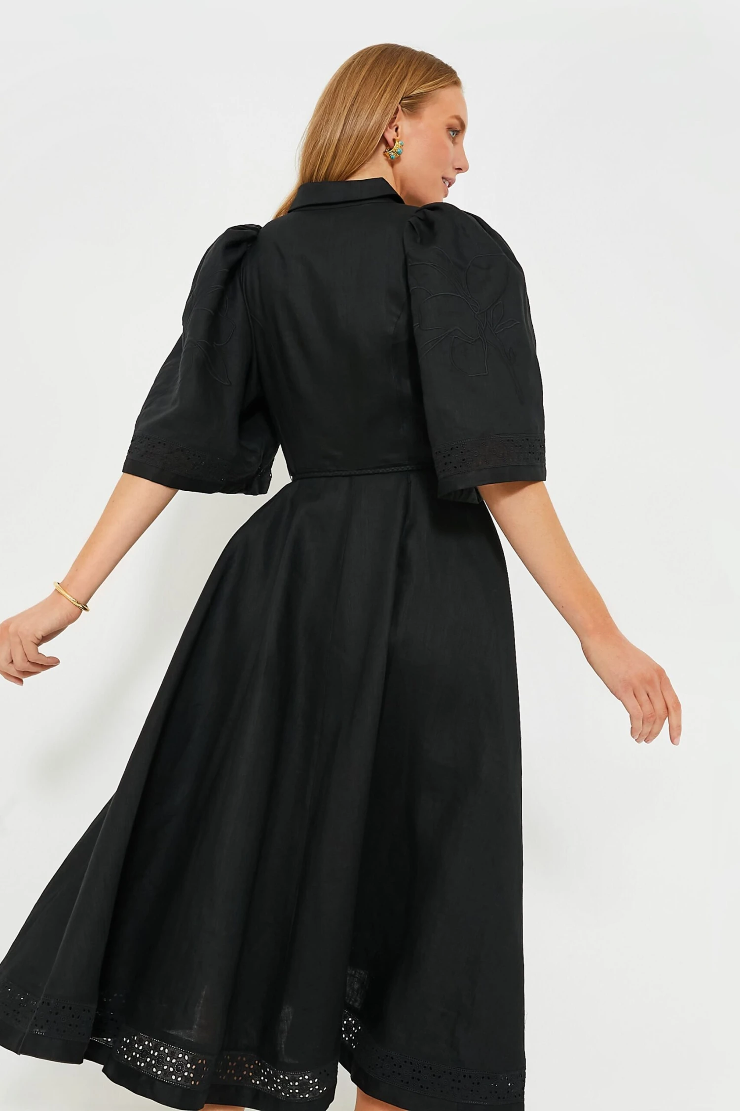 Black Fleur Linen Embroidered Midi Shirt Dress 4 Black Fleur Linen Embroidered Midi Shirt Dress - Image 4