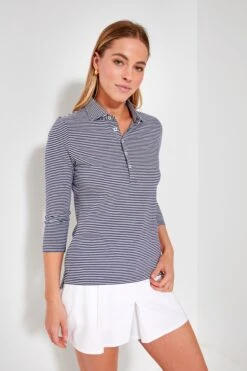 Navy And White Three Quarter Sleeve Polo