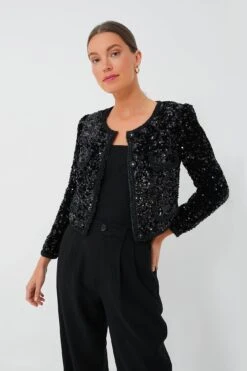 SELF PORTRAIT Black Sequin Cropped Jacket