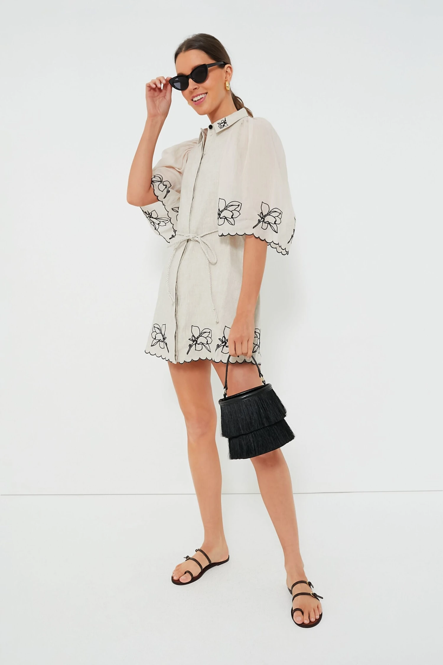 Flax Black Hattie Linen Embroidered Mini Smocked Shirt Dress 2 Flax Black Hattie Linen Embroidered Mini Smocked Shirt Dress - Image 2