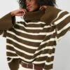 Military Olive And Ecru Striped Turtleneck Sweater