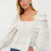 Farm Rio Off-White Squared Neckline Long Sleeve Blouse