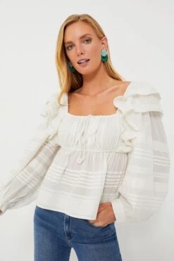 Farm Rio Off-White Squared Neckline Long Sleeve Blouse