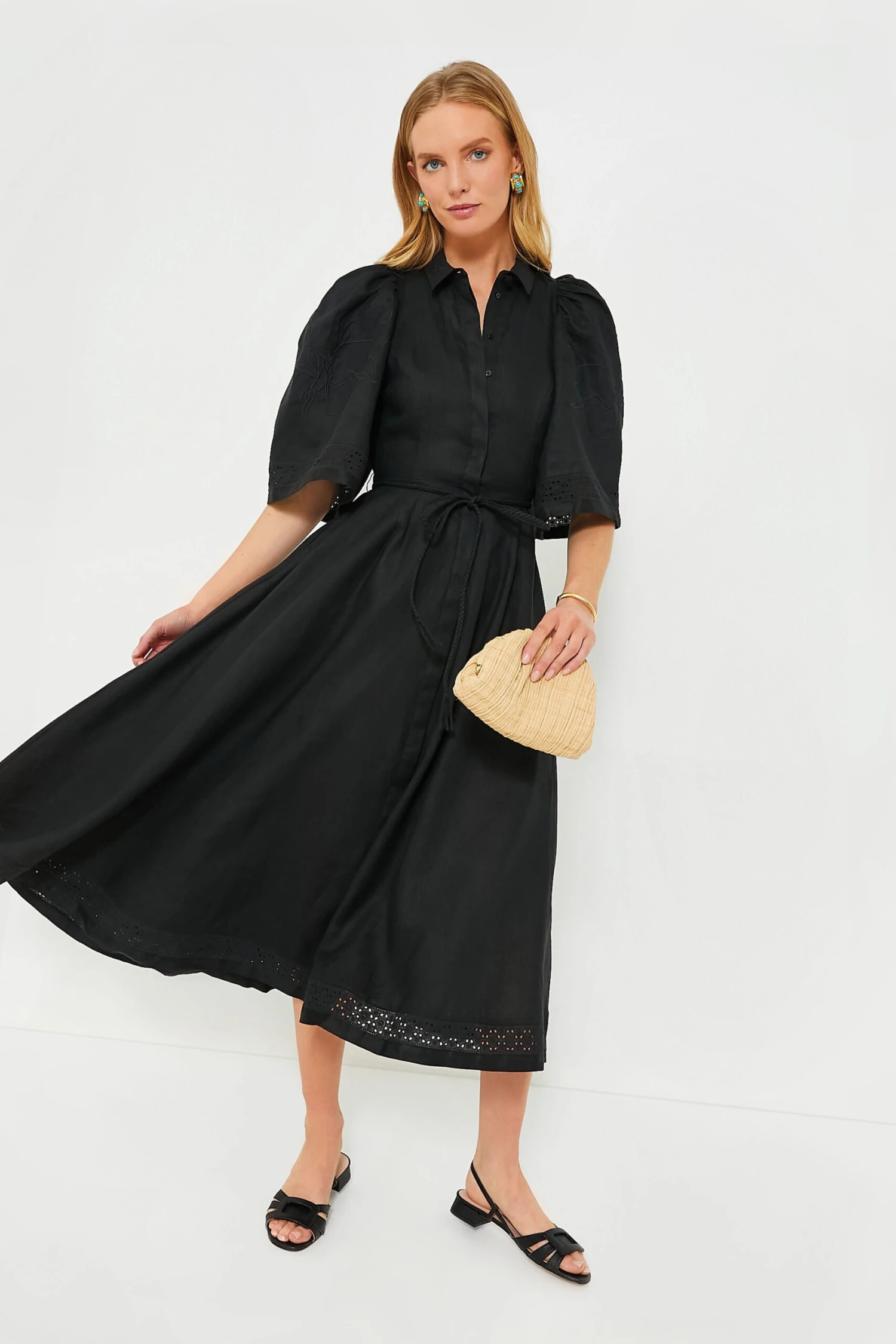 Black Fleur Linen Embroidered Midi Shirt Dress 2 Black Fleur Linen Embroidered Midi Shirt Dress - Image 2