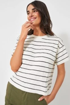 Marine Layer White And Black Stripe Heavy Slub Boxy Crew Crop Tee
