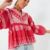 Soleil Red Mandarin Balloon Sleeve Top