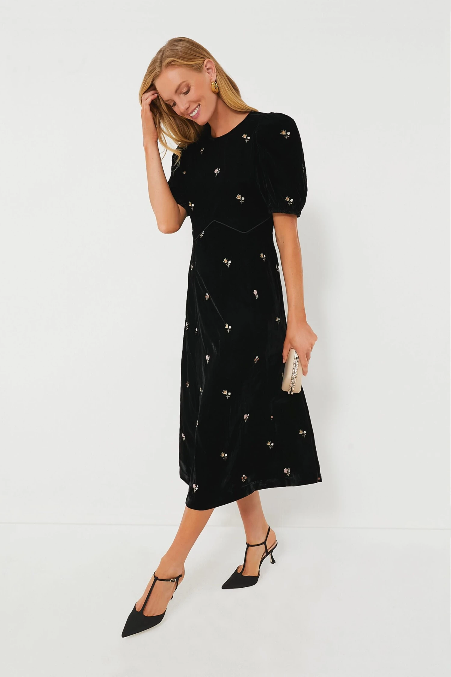 Black Rubina Embroidery Puff Sleeve Midi Dress 2 Black Rubina Embroidery Puff Sleeve Midi Dress - Image 2