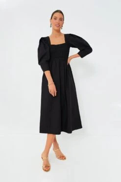 Ganni Black Cotton Poplin Open-Neck Smock Long Dress