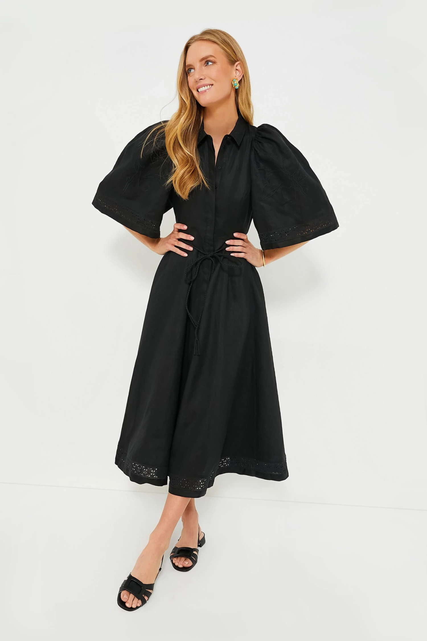 Black Fleur Linen Embroidered Midi Shirt Dress 1 Black Fleur Linen Embroidered Midi Shirt Dress