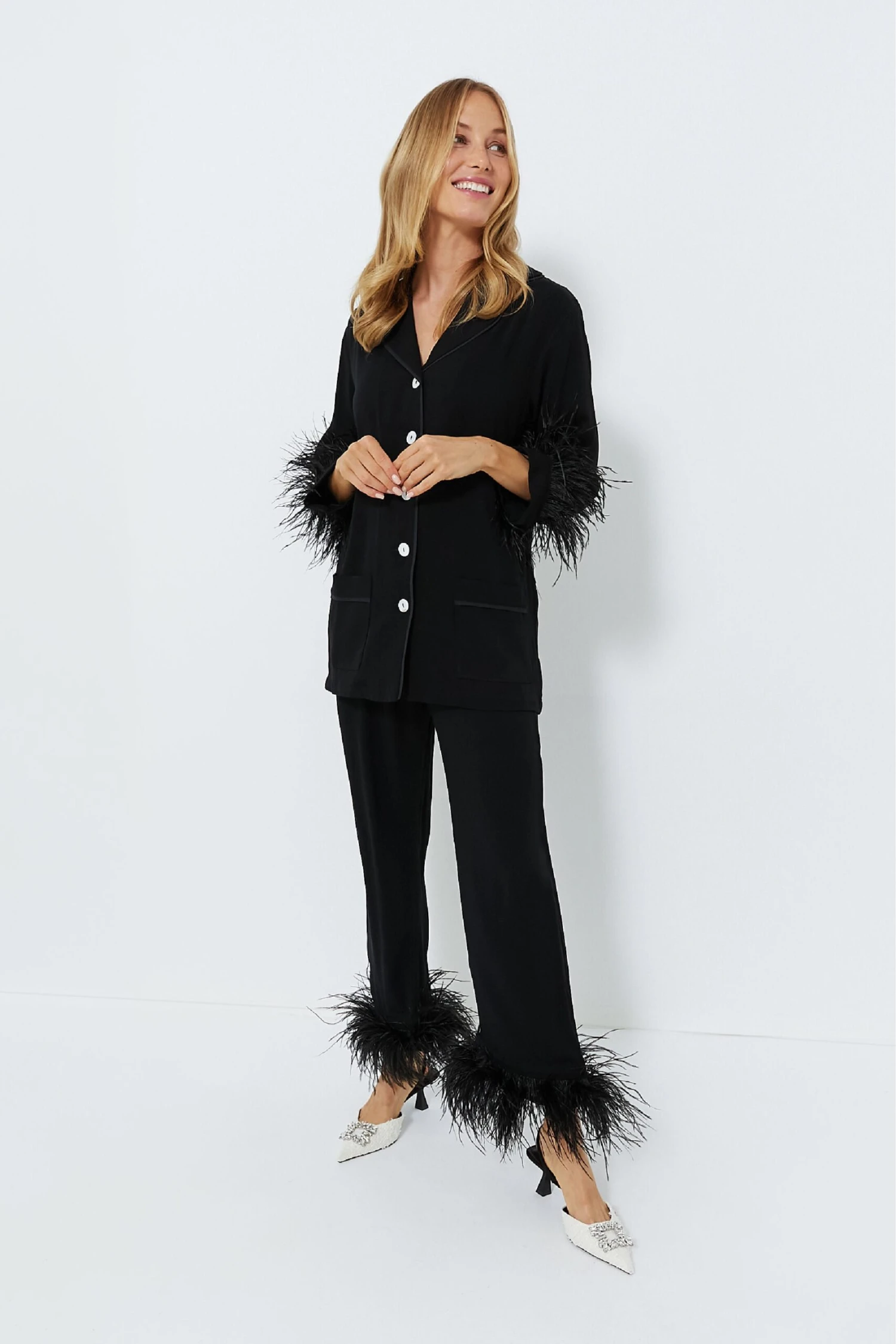 Black Party Pajama Set With Feathers 1 Black Party Pajama Set With Feathers