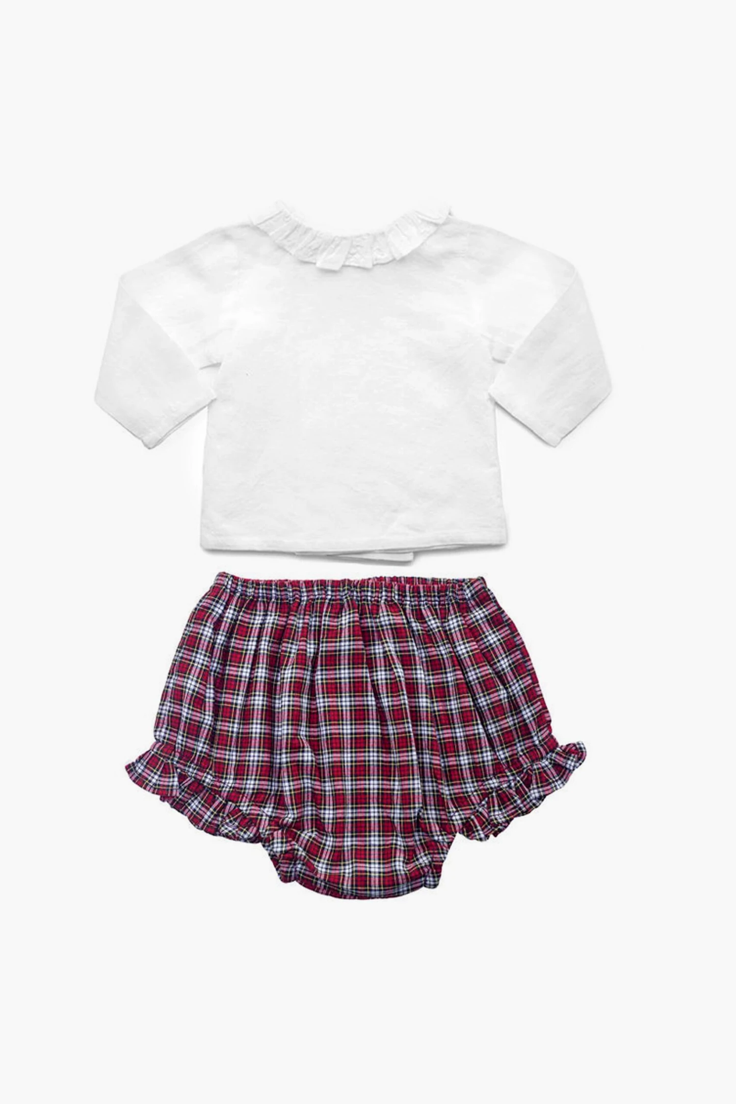 Girls Double Button Frill Blouse And Tartan Frill Short Set 2 Girls Double Button Frill Blouse And Tartan Frill Short Set - Image 2