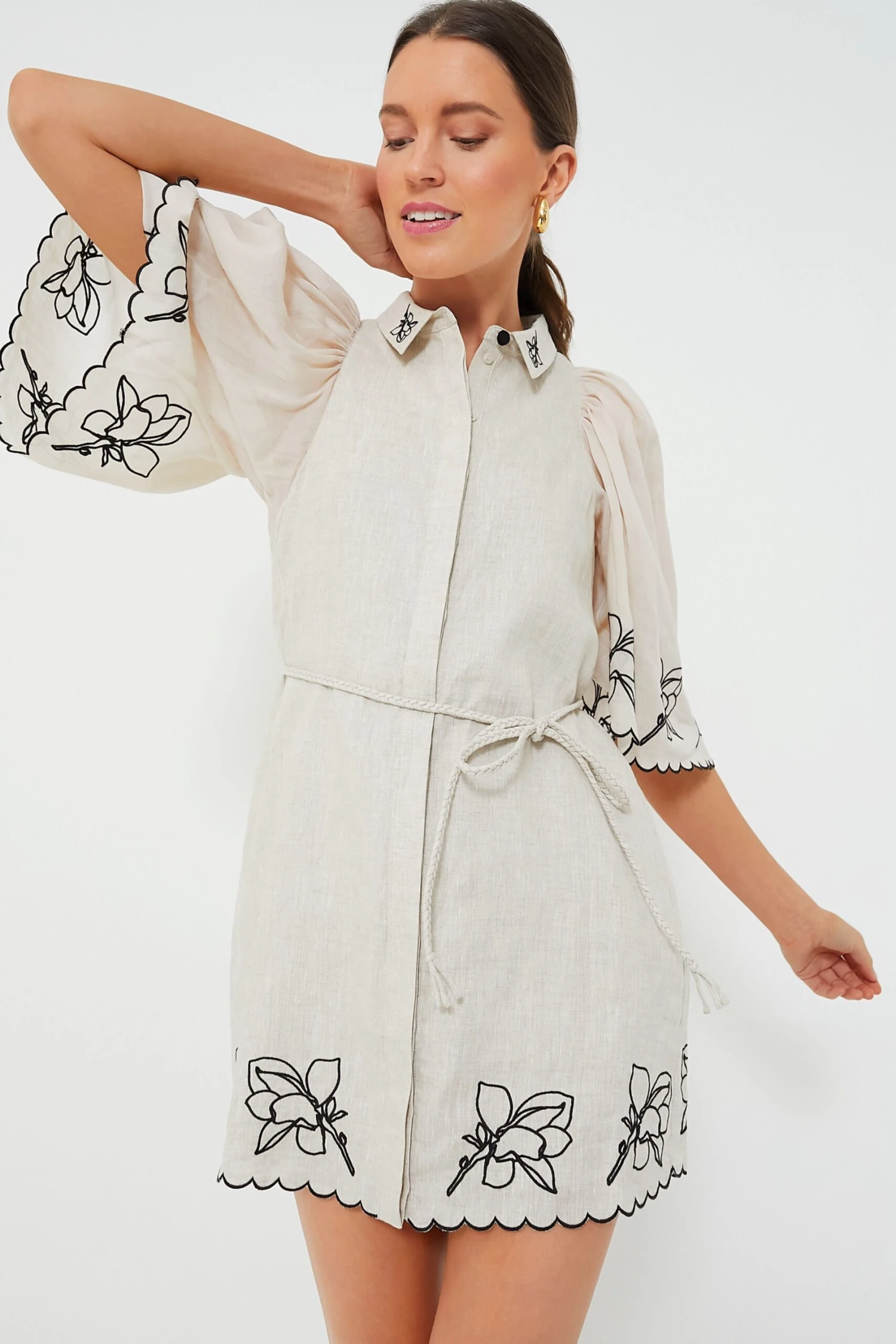 Flax Black Hattie Linen Embroidered Mini Smocked Shirt Dress 1 Flax Black Hattie Linen Embroidered Mini Smocked Shirt Dress